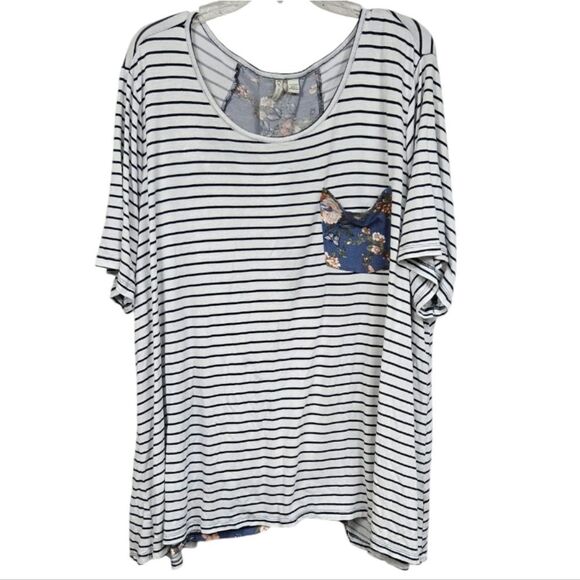 Cato 26/28 Plus Size White Striped Blue Floral Blouse Casual Knit Tee Summer Top - Picture 11 of 11